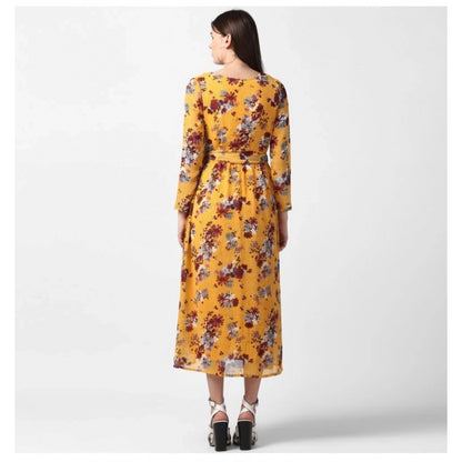 Generic Women's Polyester Floral Long Sleeves Calf-length Dress (Yellow)