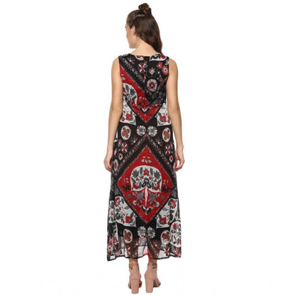 Generic Women's Polyester Printed Sleeveless Dress (Red - Black)