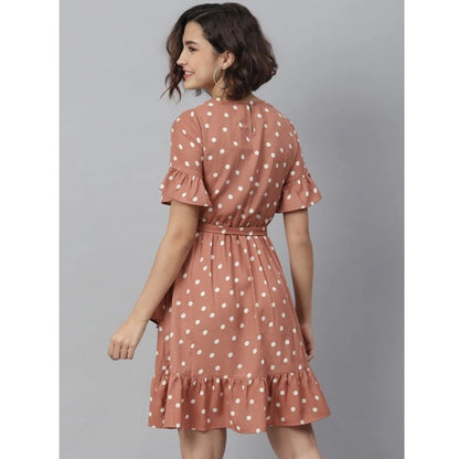 Generic Women's Polyester Polka Bell Sleeve Above Knee Dress (Brown)