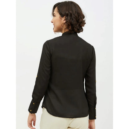 Generic Women's Polyester Ruffled Long Sleeves Standard Length Shirt (Black)