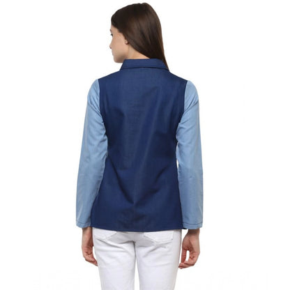 Generic Women's Denim Patch Work Long Sleeves Regular Top (Blue)