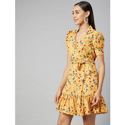 Generic Women's Polyester Floral Short Sleeve Above Knee Dress (Yellow)