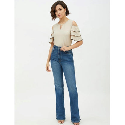Generic Women's Polyester Tiered Cold Shoulder Top (Beige)