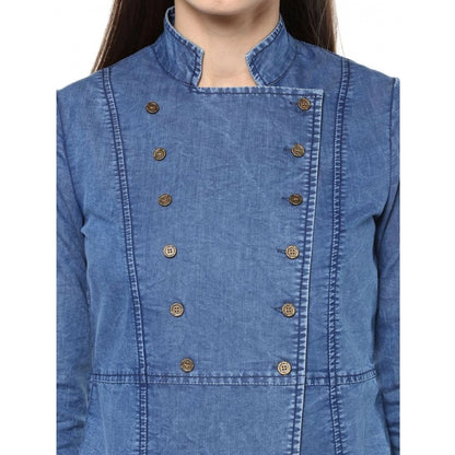 Generic Women's Denim Solid 3-4th Sleeves Regular Top (Blue)