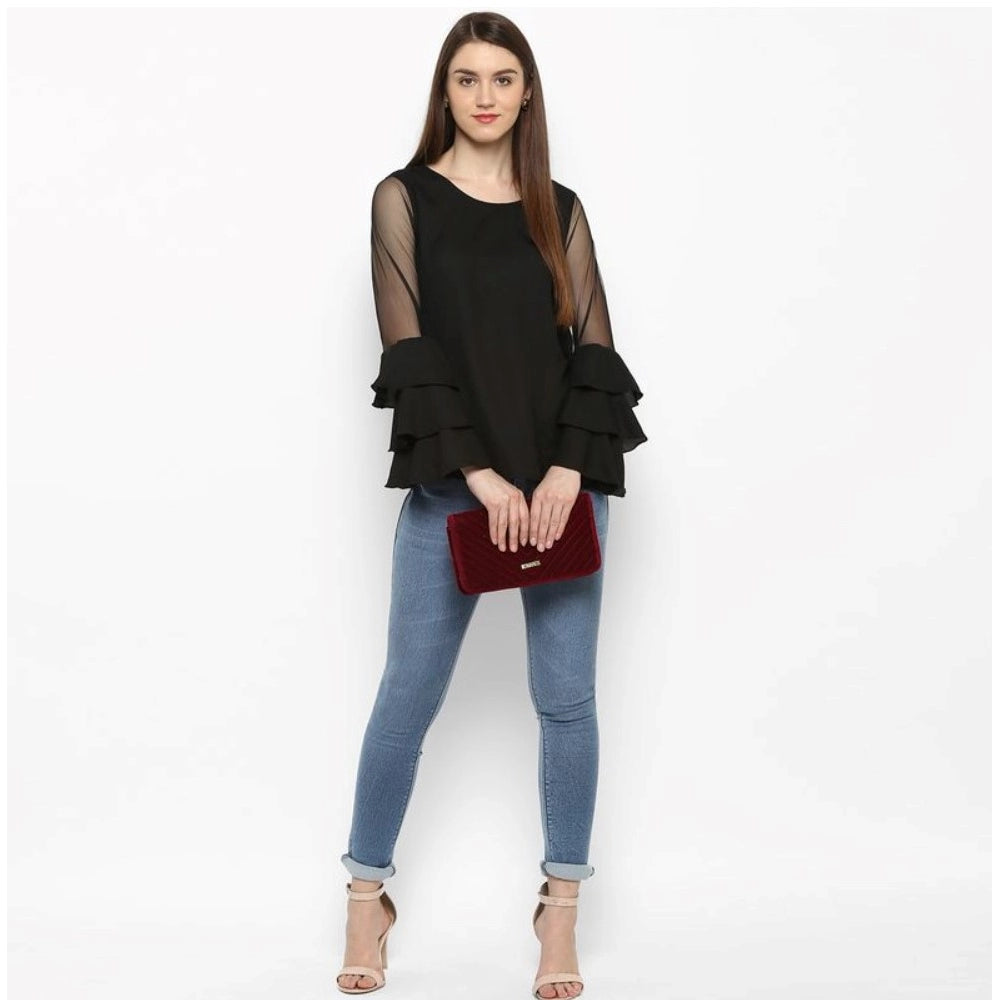 Generic Women's Polyester Solid Tier Sleeve Top (Black)