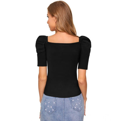 Generic Women's Polyester Solid Puff Short Sleeves Sweetheart Neck Top (Black)