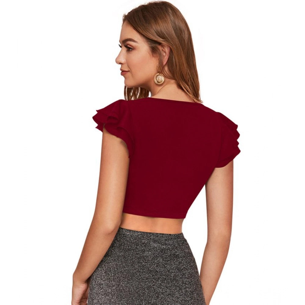 Generic Women's Polyester Solid Short Sleeves V Neck Top (Maroon)
