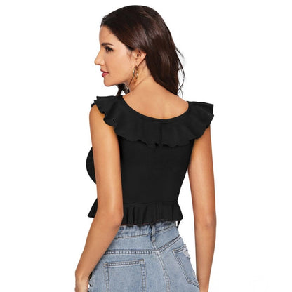 Generic Women's Polyester Solid Sleeveless Ruffle Neck Top (Black)
