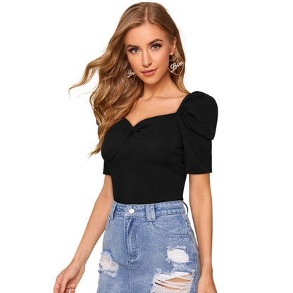 Generic Women's Polyester Solid Puff Short Sleeves Sweetheart Neck Top (Black)