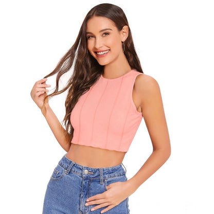 Generic Women's Polyester Solid Sleeveless Round Neck Top (Peach)
