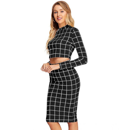 Generic Women's Polyester Checkered Full Sleeves Stand Collar Crop Top Skirt Set (Black)