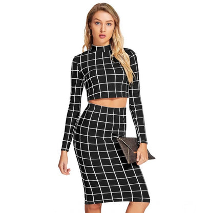 Generic Women's Polyester Checkered Full Sleeves Stand Collar Crop Top Skirt Set (Black)