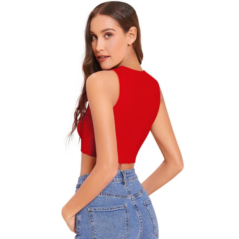 Generic Women's Polyester Solid Sleeveless Round Neck Top (Red)