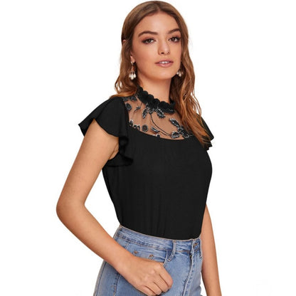Generic Women's Polyester Solid Cap Sleeve Sweetheart Neck Top (Black)