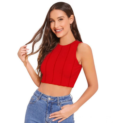 Generic Women's Polyester Solid Sleeveless Round Neck Top (Red)