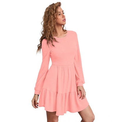 Generic Women's Knitting stretchable Solid Round Neck Full Sleeve Dress (Peach)
