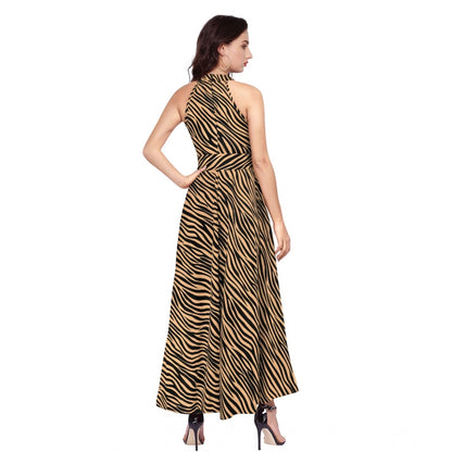 Generic Women's Polyester Zebra Pattern Halter Neck Sleeveless Dress (Yellow)