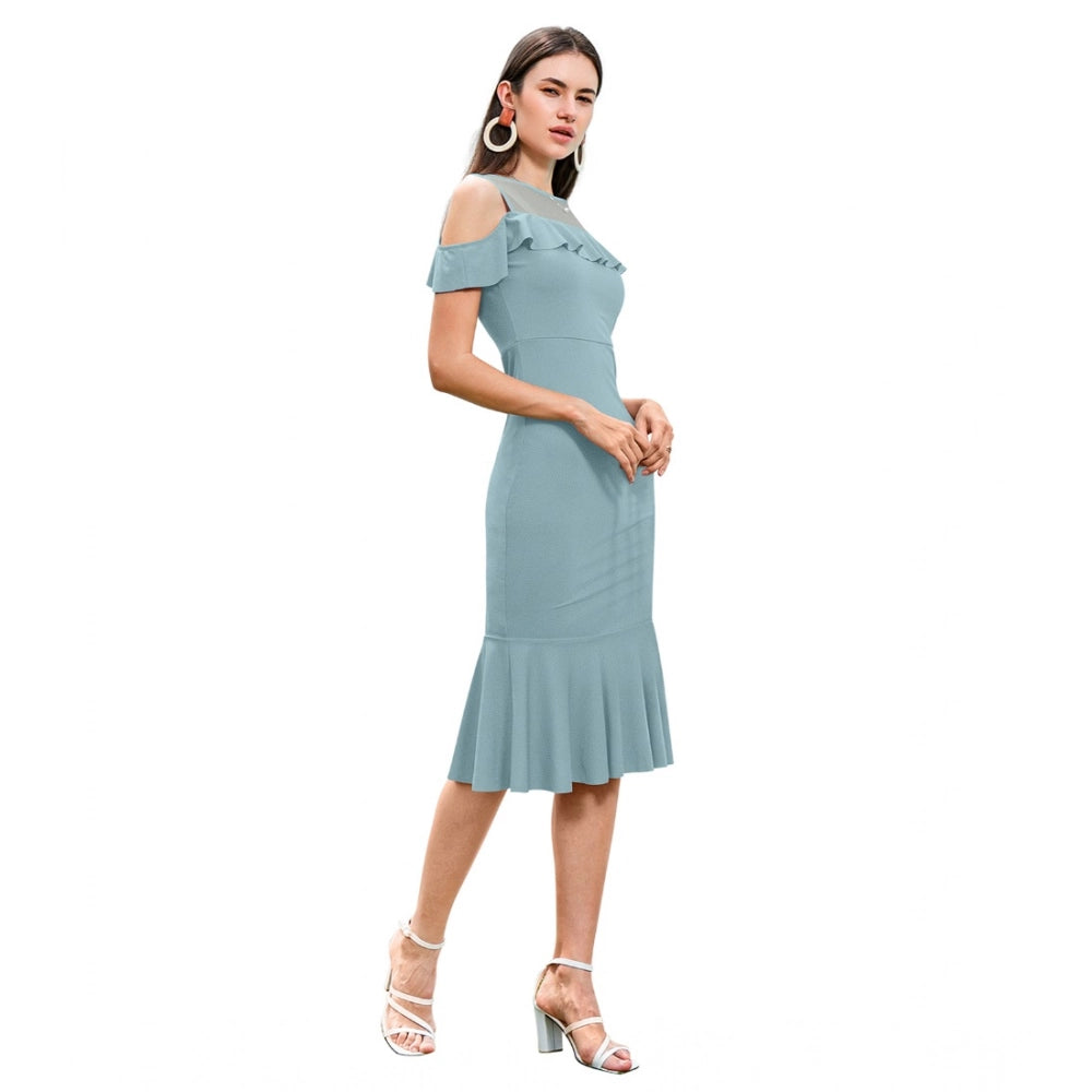Generic Women's Knitting stretchable Solid Round Neck Sleeveless Dress (Pista )