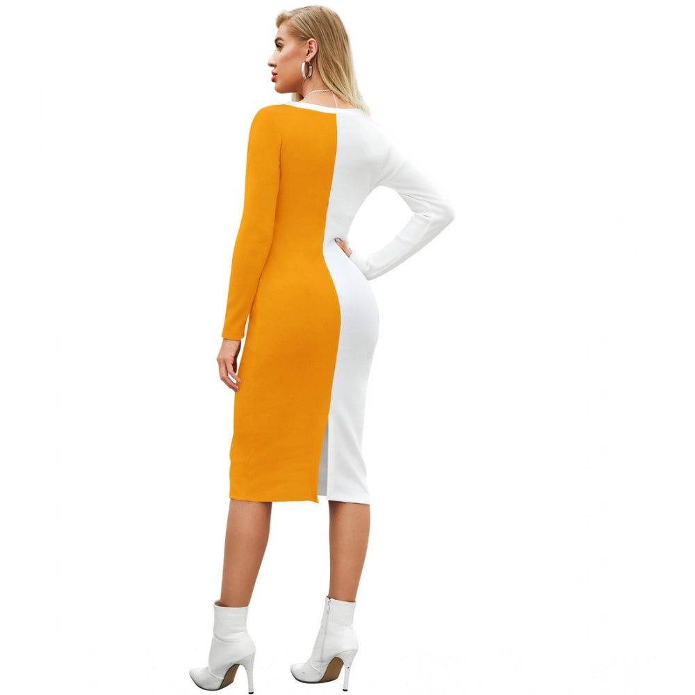 Generic Women's Knitting stretchable Solid Round Neck Full Sleeve Dress (Yellow)