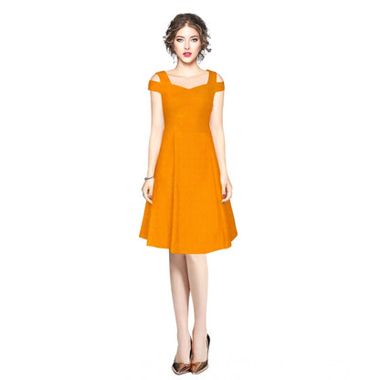 Generic Women's Polyester Solid V Neck Cap Sleeve off Shoulder Dress (Yellow)