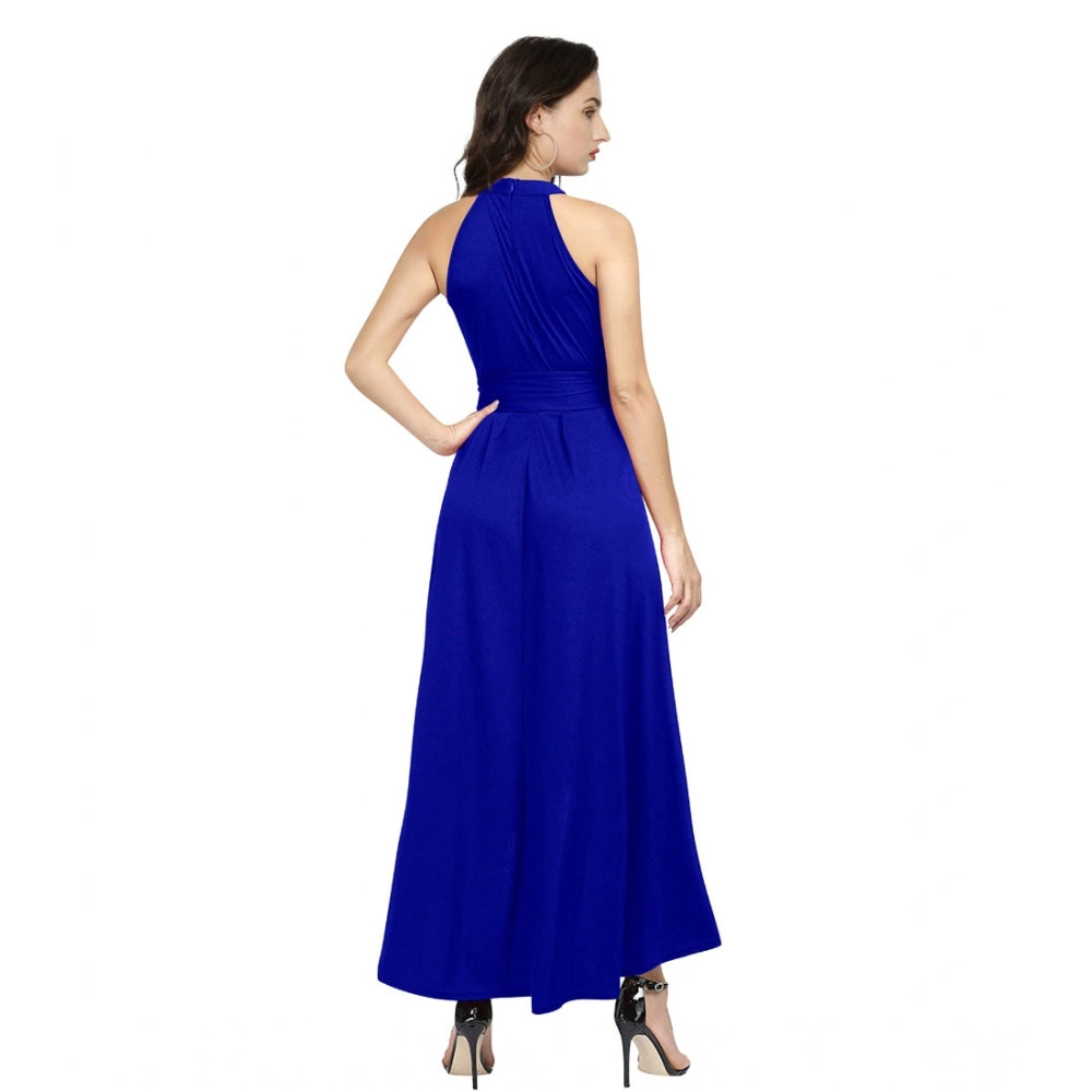 Generic Women's Polyster Solid Halter Neck Sleeveless Dress (Royal Blue)