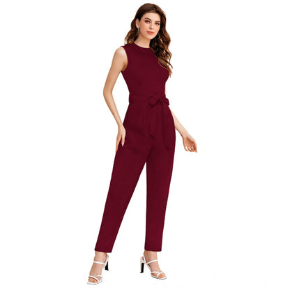 Generic Women's Knitting stretchable Solid Round Neck Sleeveless Jumpsuit (Maroon)