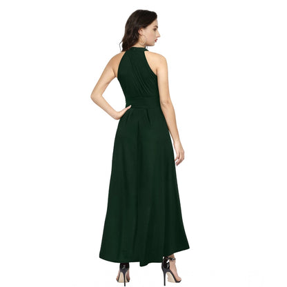 Generic Women's Polyster Solid Halter Neck Sleeveless Dress (Green)