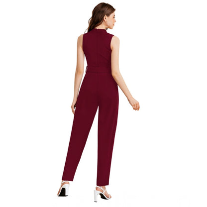 Generic Women's Knitting stretchable Solid Round Neck Sleeveless Jumpsuit (Maroon)