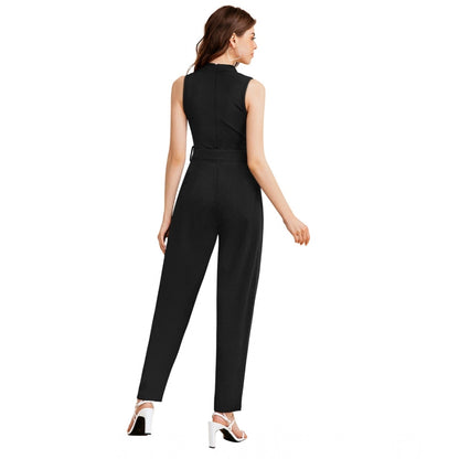 Generic Women's Knitting stretchable Solid Round Neck Sleeveless Jumpsuit (Black)