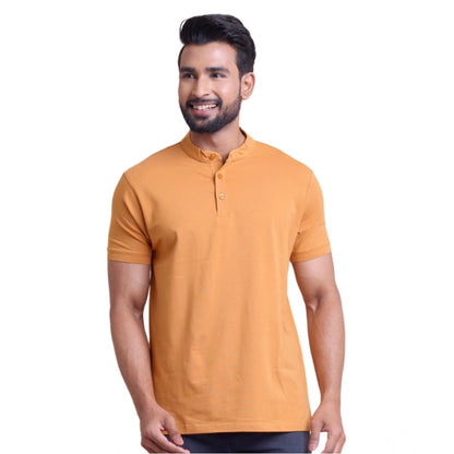 Generic Men's Casual Cotton Solid Half Sleeve Mandarin Collar T-Shirt (Brown)