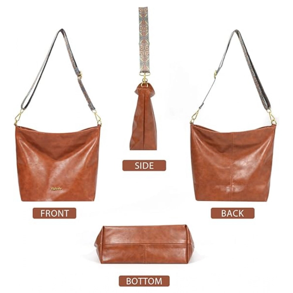 Women’s Beige PU Leather Handbag – Stylish Zipper Shoulder Tote Bag