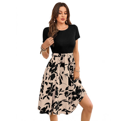 Generic Women's Knitting Printed Round Neck Short Sleeve Dress (Cream)