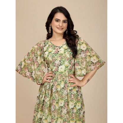 Generic Women's Georgette Printed Round Neck Short Sleeve Dress (Green)
