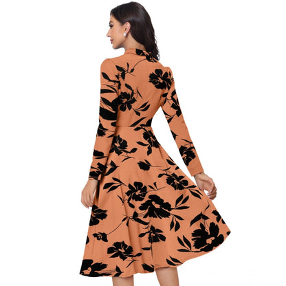 Generic Women's Knitting Printed V-Neck Full Sleeve Dress (Orange)