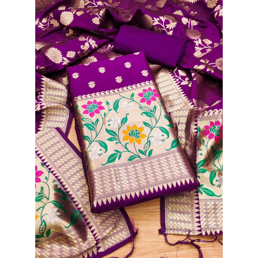 Generic Women's Banarasi Silk Printed Unstitched Salwar Suit Material With Dupatta (Purple, 3Mtrs)