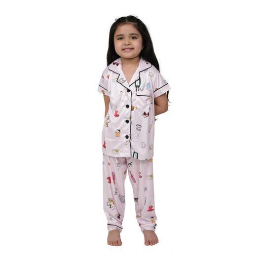 Generic Girl's Silk Bleand Printed Short Sleeve Night Suit Set (Light Pink)