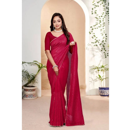 Generic Women's Vichitra Silk Striped Saree With Unstitched Blouse 5.5Mtr (Pink)