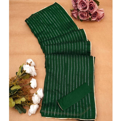 Generic Women's Vichitra Silk Striped Saree With Unstitched Blouse 5.5Mtr (Green)