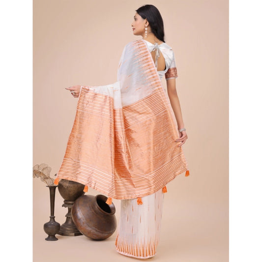 Generic Women's Linen Cotton Printed Saree With Unstitched Blouse 5.5Mtr (White)
