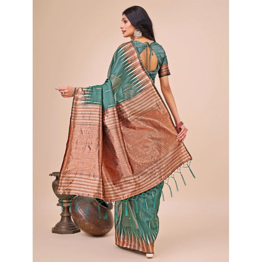 Generic Women's Linen Cotton Printed Saree With Unstitched Blouse 5.5Mtr (Green)