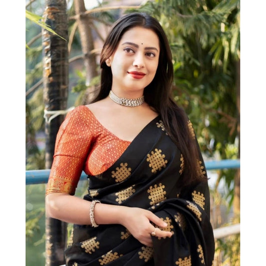 Generic Women's Silk Printed Saree With Unstitched Blouse 5.5Mtr (Blacl-Orange)