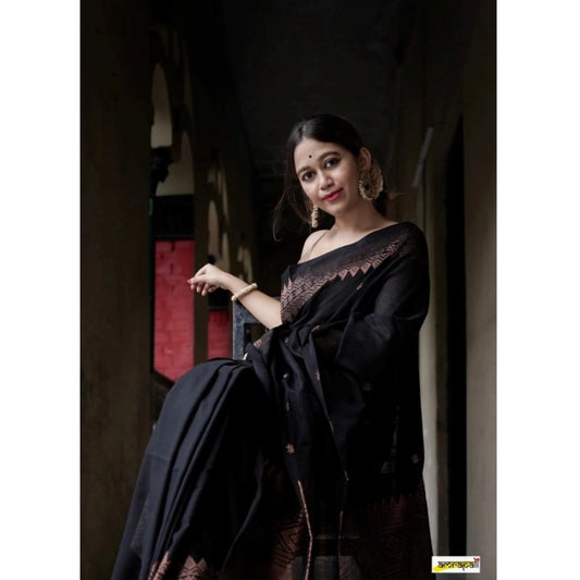 Generic Women's Silk Printed Saree With Unstitched Blouse 5.5Mtr (Black)