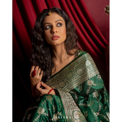 Generic Women's Silk Printed Saree With Unstitched Blouse 5.5Mtr (Dark Green)