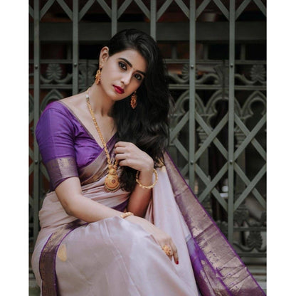 Generic Women's Silk Printed Saree With Unstitched Blouse 5.5Mtr (Purple)