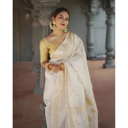 Generic Women's Cotton  Printed Saree With Unstitched Blouse 5.5Mtr (White)