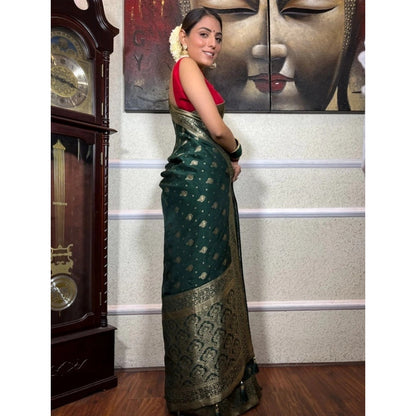 Generic Women's Silk Printed Saree With Unstitched Blouse 5.5Mtr (Green)