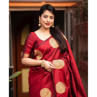 Generic Women's Silk Printed Saree With Unstitched Blouse 5.5Mtr (Red)