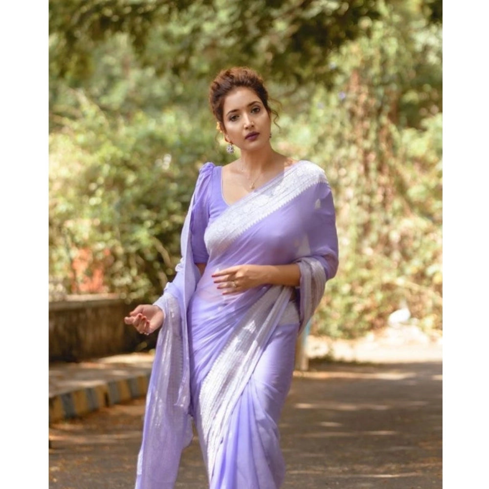 Generic Women's Cotton  Printed Saree With Unstitched Blouse 5.5Mtr (Lavender)