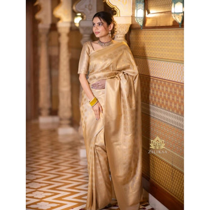 Generic Women's Silk Printed Saree With Unstitched Blouse 5.5Mtr (Cream)
