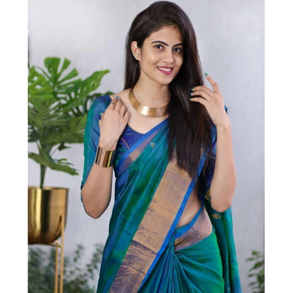 Generic Women's Silk Printed Saree With Unstitched Blouse 5.5Mtr (Blue)